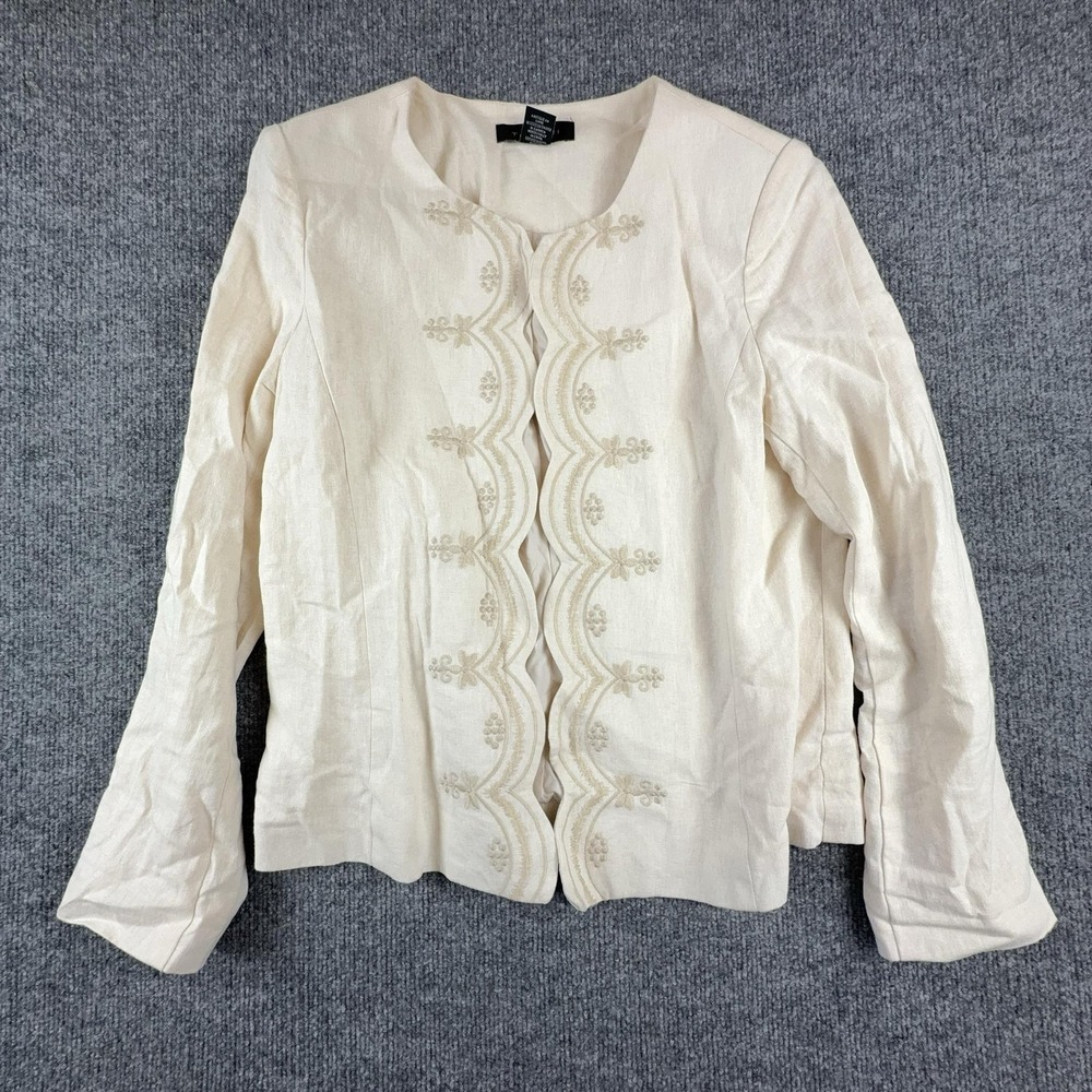 Tahari Blazer Womens Medium White Linen Blend Embroidered Open Front Jacket